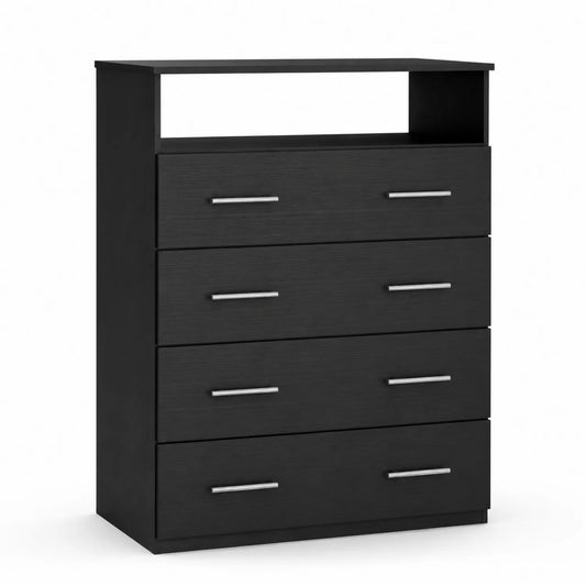Cajonera de Madera Negra con 4 Cajones y Estante Abierto