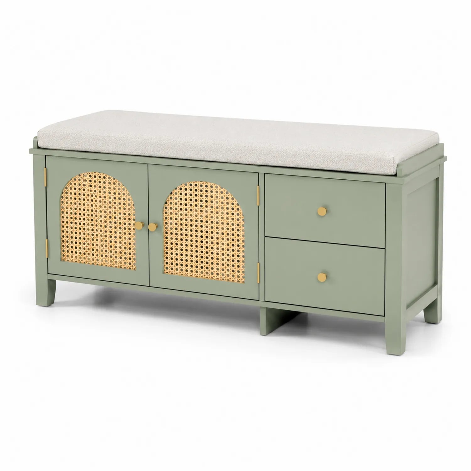 Banco de Madera Verde con Cojín Beige y Puertas de Ratán