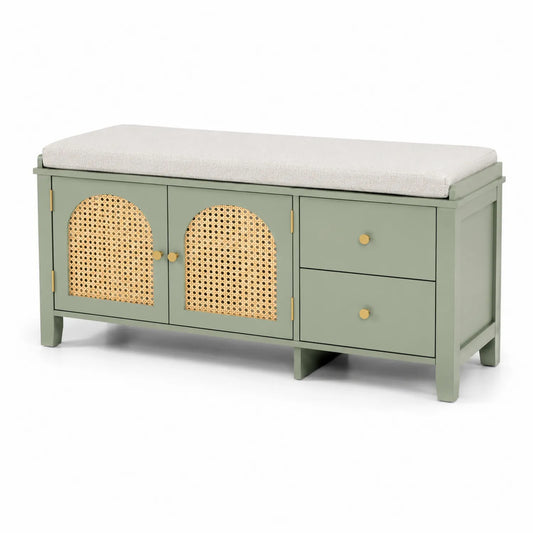 Banco de Madera Verde con Cojín Beige y Puertas de Ratán
